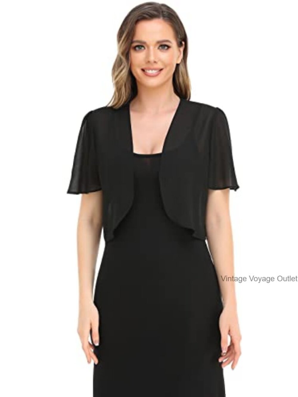 Women Sheer Chiffon Bolero Shrug Short Sleeve Cropped Cardigan - Picture 3 of 6